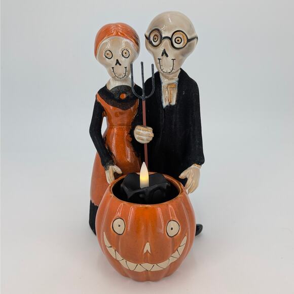Gothic Farmers Candle Holder Skeleton Halloween Couple Yankee Candle Boney Bunch - Picture 1 of 9